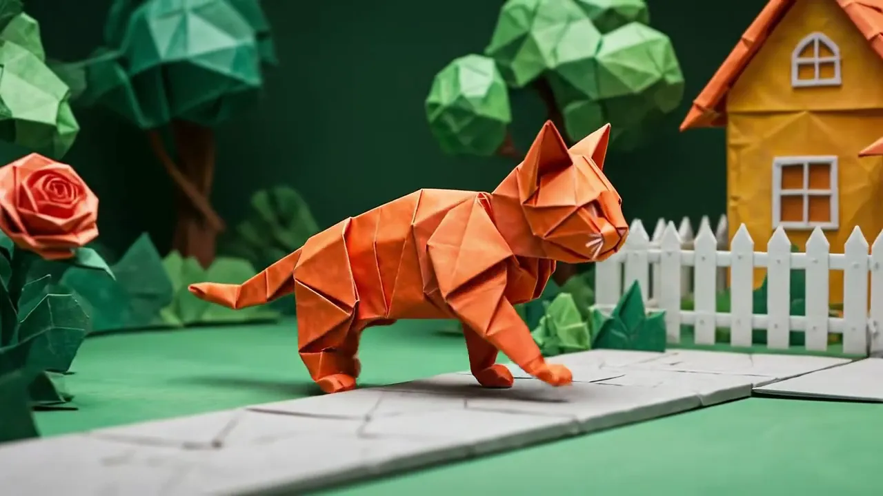 Veo 3.1で生成したクリップのサンプルフレーム:紙の家の前を歩く折り紙の猫