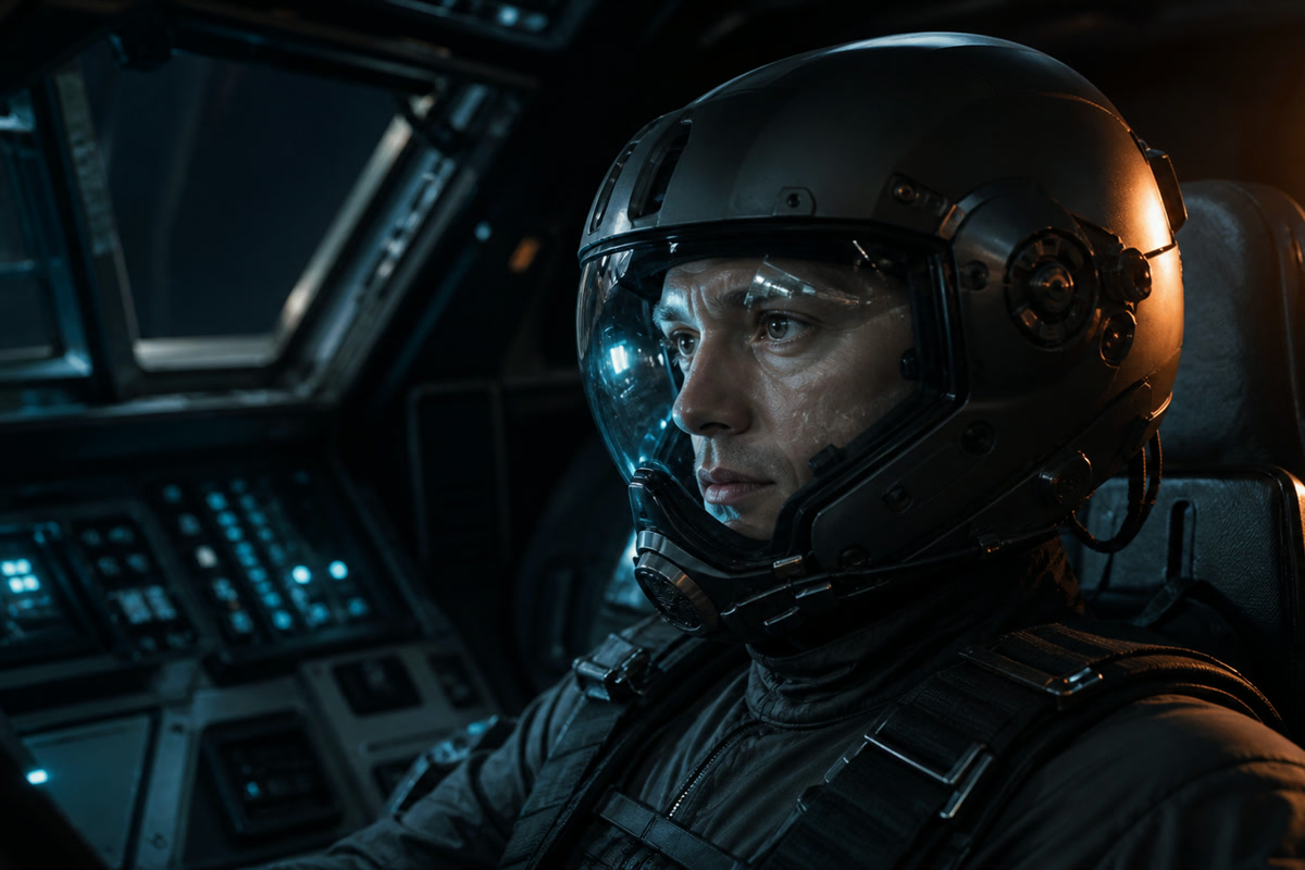Helmeted pilot lit by teal instruments and amber cockpit light