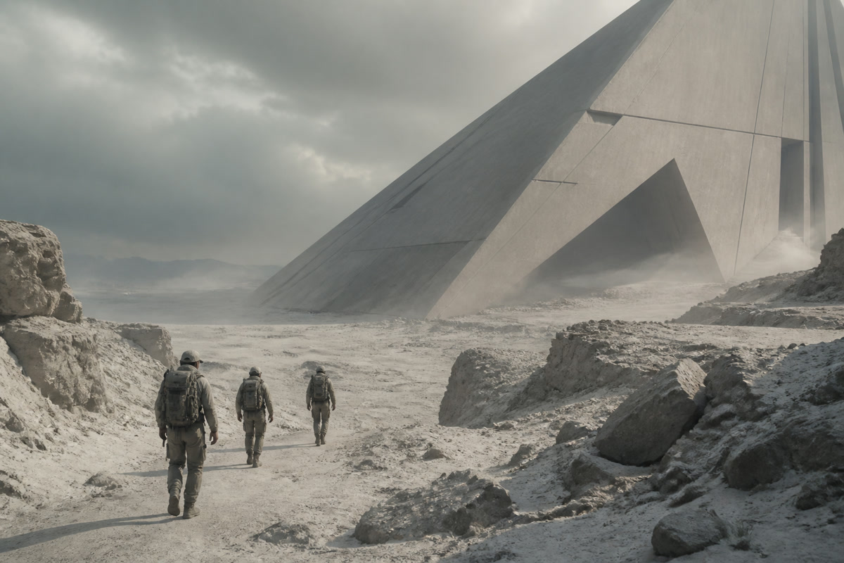 Three explorers approaching a monumental geometric structure across a pale desert