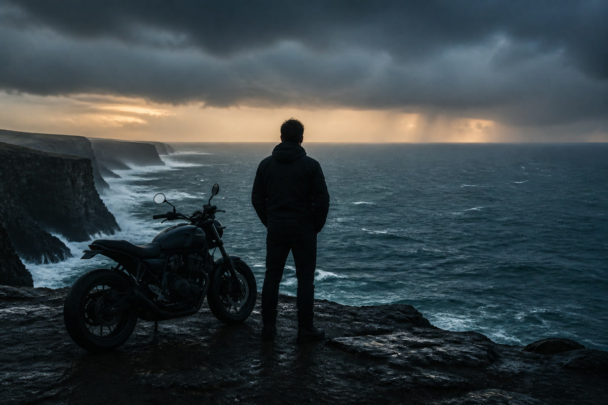 Rider and motorcycle overlooking rough coastal water beneath a storm