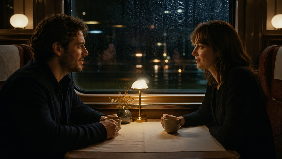 Two train passengers talking across a table beside a rain-covered window