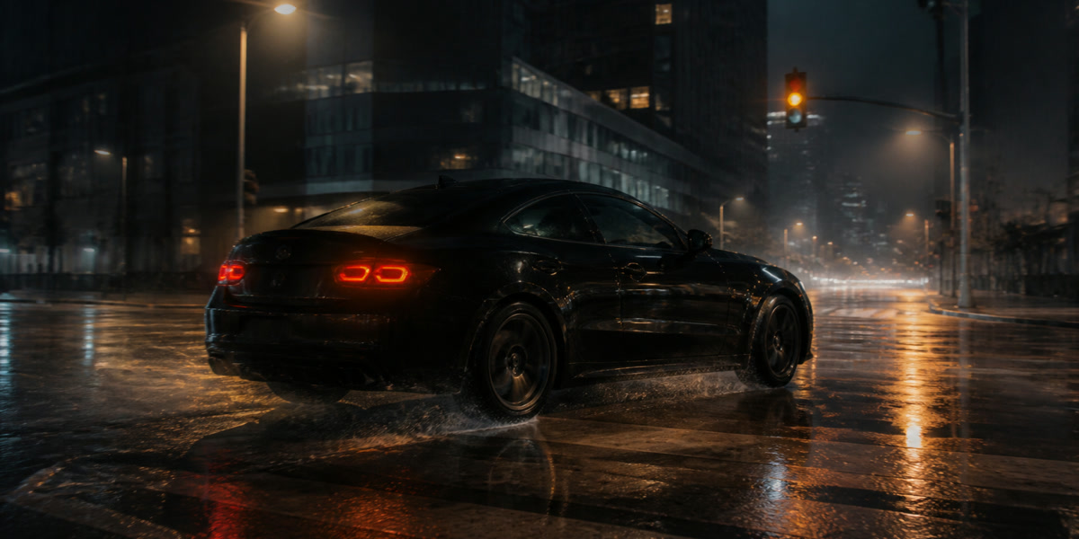 Black coupe turning across a rain-soaked city intersection at night